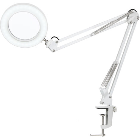 Lampe de table flexible à pince, avec loupe 8x, bras oscillant à intensité variable, lampe de bureau, lampe d'étude, Blanc