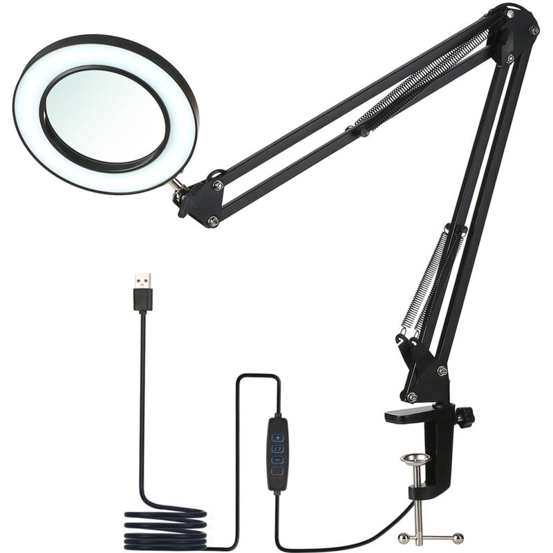 Lifcausal - Lampe de table flexible à pince avec loupe 8x, bras pivotant, led à intensité variable, lampe de bureau, 3 modes de couleur et 10 niveaux