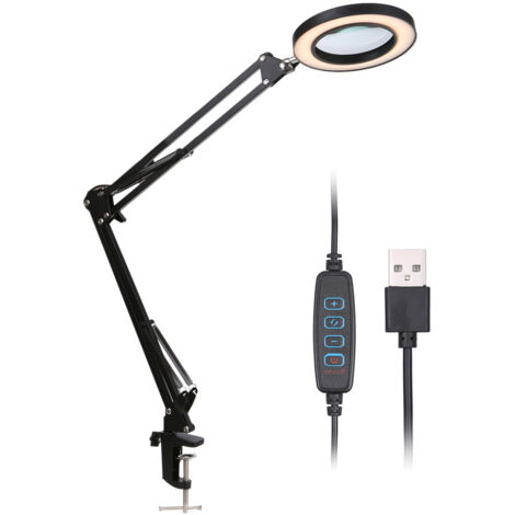 Lampe de table flexible à pince (noire) avec loupe grossissante x8, bras articulé et intensité variable