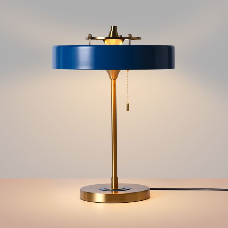 Barcelona Led – Lampe à poser vintage 50's – Abat-jour disque en polycarbonate – 3 douilles E27 – Base dorée robuste – Couleur bleu Barcelona Led – Lampe à poser vintage 50's – Abat-jour disque en polycarbonate – 3 douilles E27 – Base dorée robuste – Couleur bleu