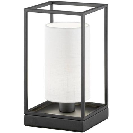 Lampe de table GILLI E14 1x25W métal sable noir, tissu lin, PVC blanc L:16cm l:16cm H:28,5cm avec interrupteur à cordon