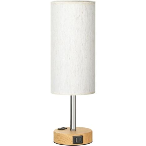 Lampe De Table - Gradation Tactile 3 Niveaux - Prise Secteur 230 V Et Ports Usb/Usb-C - Abat-Jour En Tissu Lin - Base En Bois - Ampoule Led Incluse