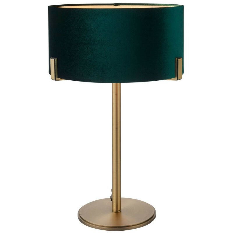 Endon - Lampe de Table Plaque Laiton Antique Mat, Abat-Jour en Velours Vert