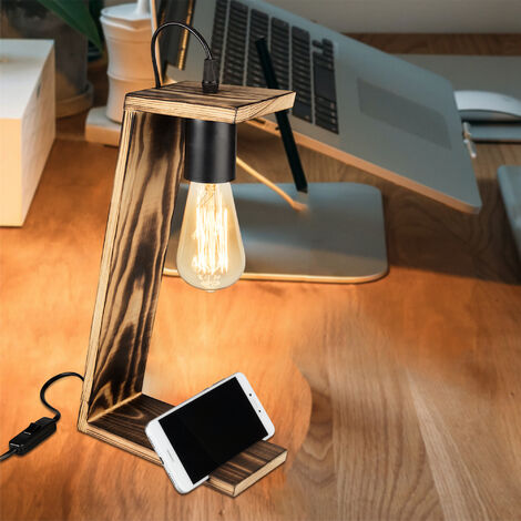 Lampe de table industrielle trépied en acier avec bois inclinable - Emado