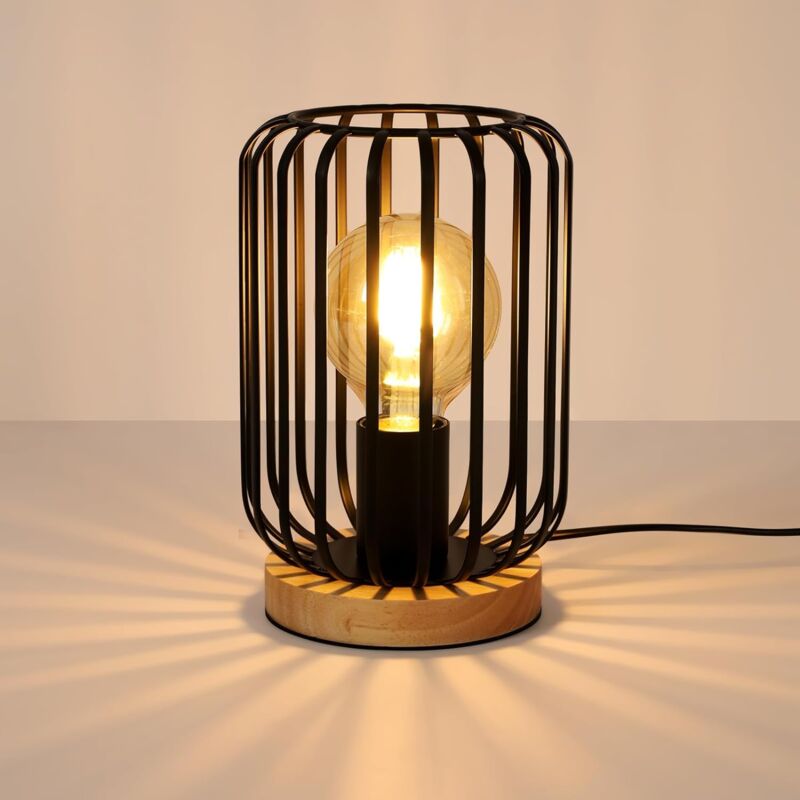 Lampe de Table Industrielle Vintage Lampe de Chevet Métal Cage Bois et Noir Lampe de Table con Interrupteur et Câble E27 Douille Pour Chambre,Salon,