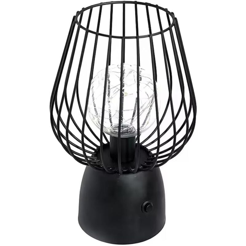 Crea - Lampe de Table Industrielle,Retro Lampe de Chevet de Cage en Métal Noir Alimentation par Piles avec Ampoule, Lampe de Table Sans Fil pour
