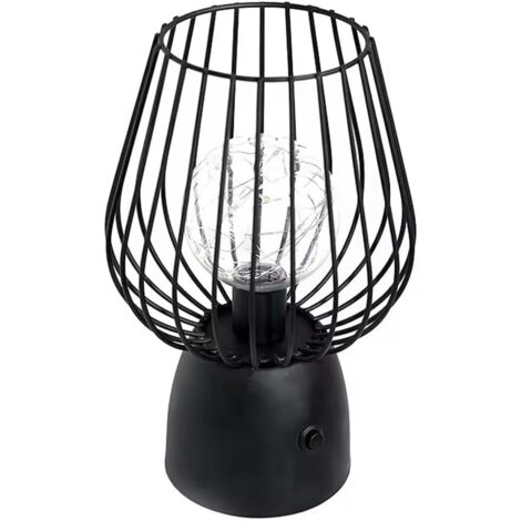 Lampe de Table Industrielle,Retro Lampe de Chevet de Cage en Métal Noir Alimentation par Piles avec Ampoule, Lampe de Table Sans Fil pour Chambre, Salon [Classe énergétique E]