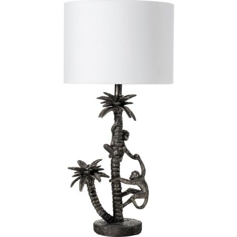 lampe de table jungle argentée en résine avec abat jour élégant - argent effet métal et blanc mat