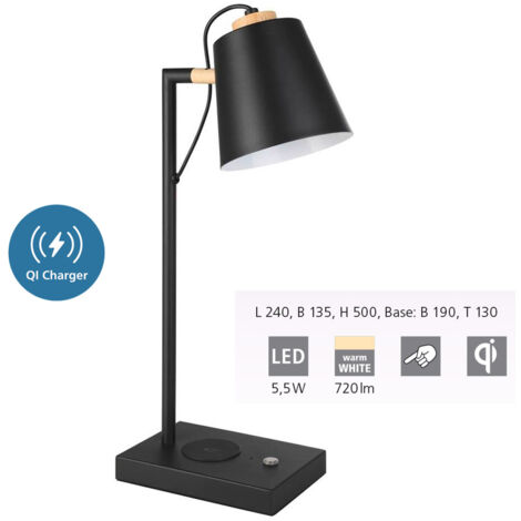 Lampe de table Lacey-Qi en acier noir, LED de crème 5,5 W 3000K L: 24 cm B: 13,5 cm H: 50 cm Dimmable avec un gradateur tactile