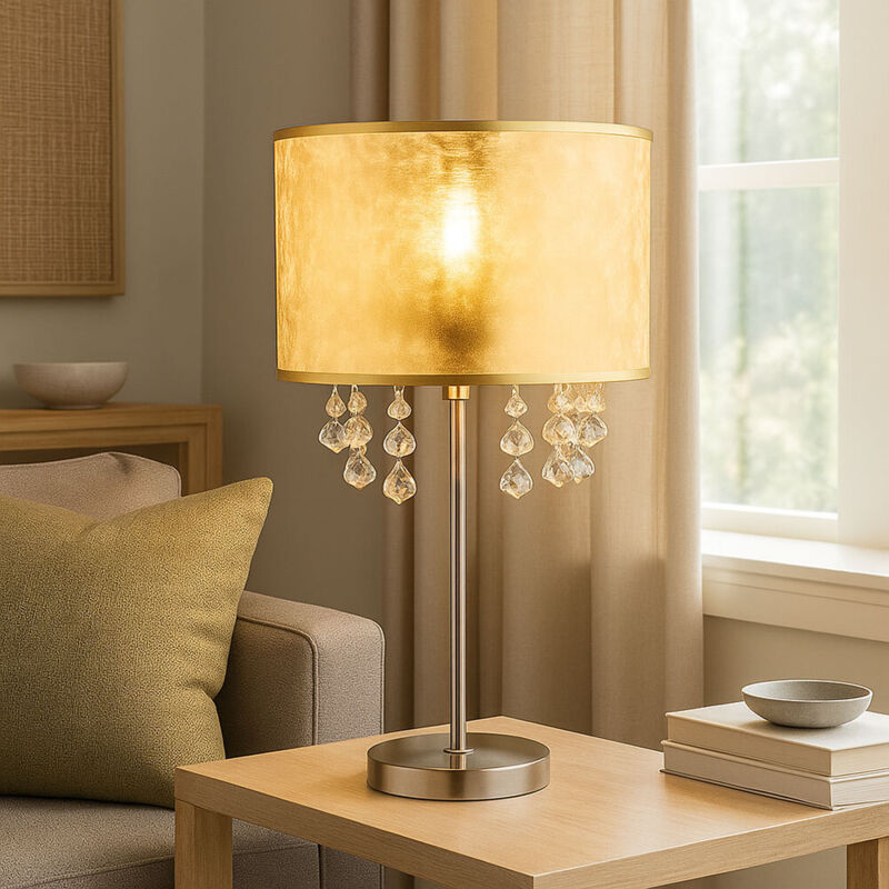 Lampe de table lampe cristal lampe liseuse lampe de chambre, décor cristal abat-jour clair feuille d'or nickel mat, 1x douille E27, DxH 32x56 cm