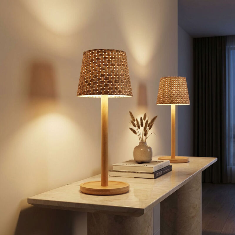 Lampe de table Lampe de table intérieure Salon Bambou CCT naturel LED Touchdimmer Accu dimmable USB, blanc chaud/blanc froid, DxH 11x33 cm, lot de 2