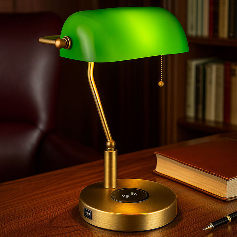 Globo Lighting - Lampe de bureau led Lampe de table laiton vieilli Verre vert Lampe de lecture, chargement sans fil Connexion usb, interrupteur à