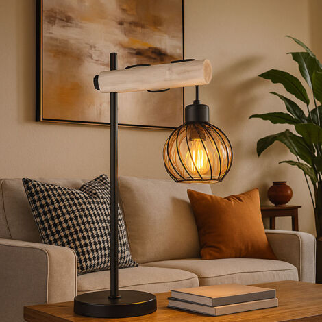 Lampe de table Lampe de bureau, lampe d'appoint avec détails en bois, lampe design, métal verre, noir ambre, mat, E27, LxLxH 33x18x55 cm