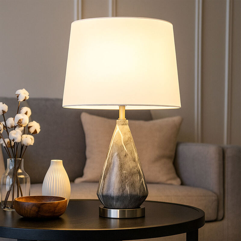 Lampe de table led Lampe d'appoint aspect marbre Lampe de salle à manger Abat-jour textile blanc, métal nickel, blanc,9W 810lm blanc chaud, DxH 35x54