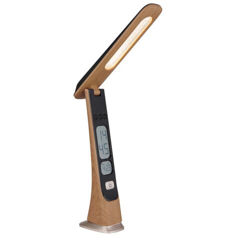 Lampe de table lampe de bureau LED variateur tactile USB-C horloge batterie aspect bois doré