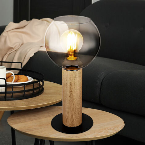 Lampe de table Lampe de chambre Lampe d'appoint Lampe de table, lampe en bois, liseuse avec abat-jour en verre fumé, métal, noir, E27, DxH 15x30cm