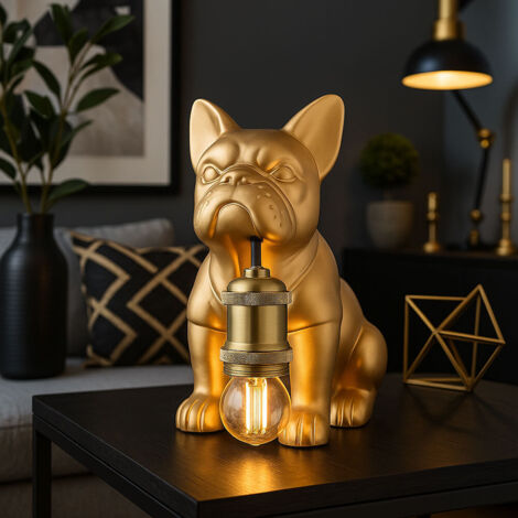 Lampe de table lampe de chevet interrupteur lampe chien céramique métal doré H24cm