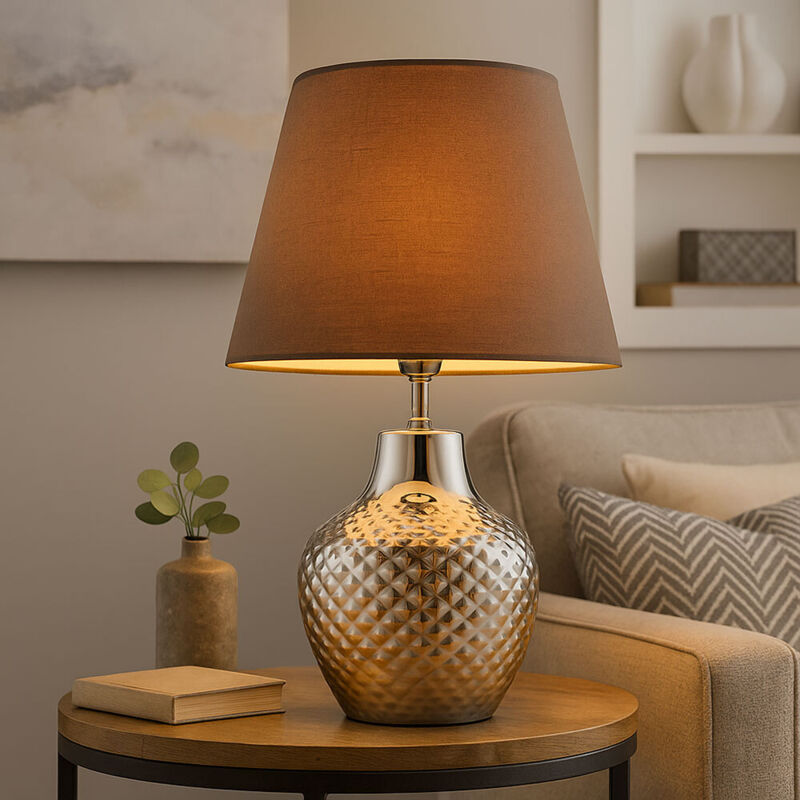 Lampe de table lampe de chevet salon lampe de table en céramique, chambre chrome textile marron, 1x douille E14, DxH 20x32cm