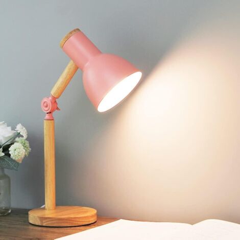 Lampe de table Lampe de lecture LED au design classique en bois, avec bras pivotants en bois, lampe de table E27, lampe d'étude, lampe de travail, lampe de chevet(rose) [Classe énergétique A++]