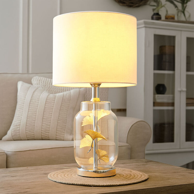 Lampe de table Lampe d'appoint Feuilles Lampe de salle à manger Abat-jour textile blanc, verre plastique métal textile, 1x douille E27, DxH 25x38 cm Lampe de table Lampe d'appoint Feuilles Lampe de salle à manger Abat-jour textile blanc, verre plastique métal textile, 1x douille E27, DxH 25x38 cm