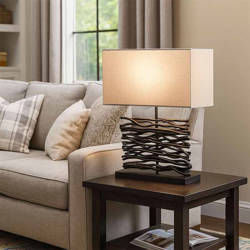 Globo - Lampe de table, lampe de table, lampe d'appoint, lampe en bois, lampe de bureau, lampe de salon, bois noir, tissu gris, E27, h 50 cm