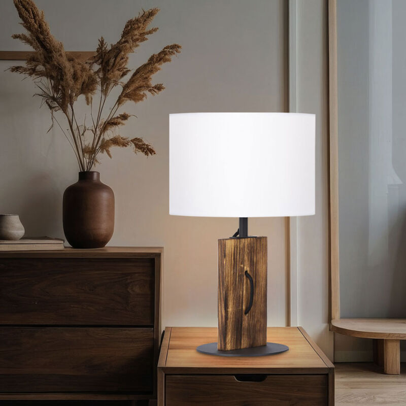 Lampe de table led Lampe de lecture Lampe de chambre à coucher, bois de pin Abat-jour textile blanc campagnard, 9W 810lm blanc chaud, DxH 18x32cm