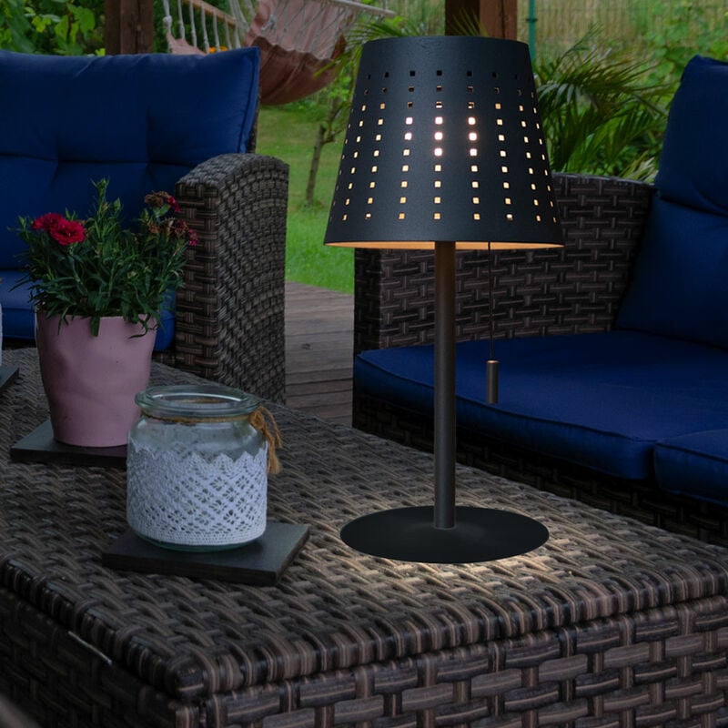 Lampe de table, lampe solaire, éclairage extérieur, lampe de terrasse, USB, batterie rechargeable, dimmable, interrupteur à tirette IP44, anthracite,