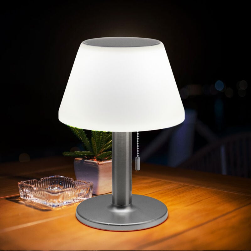 Lampe de table lampe solaire lampe d'extérieur lampe de terrasse lampe de table balcon, IP44 interrupteur à tirette à pile métal blanc, 10x led blanc