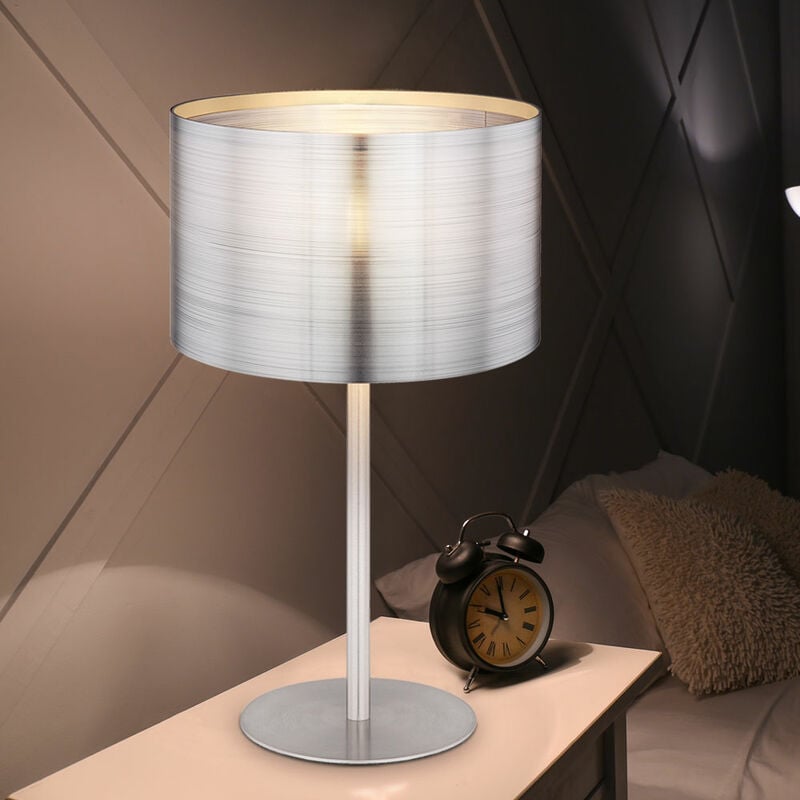 Lampe de table argentée lampe de bureau ronde lampe de chevet moderne, abat-jour de table aspect métallique, 1x led 470lm 3000K, DxH 23x40cm