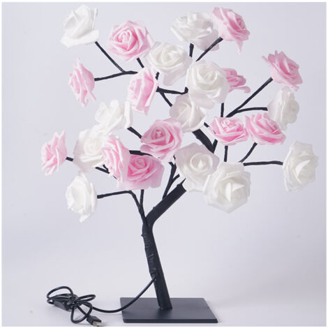 Lampe de Table LED Bonsai avec USB, Décoration Noël Chambre Lumière Rose Blanche 24 Lumières
