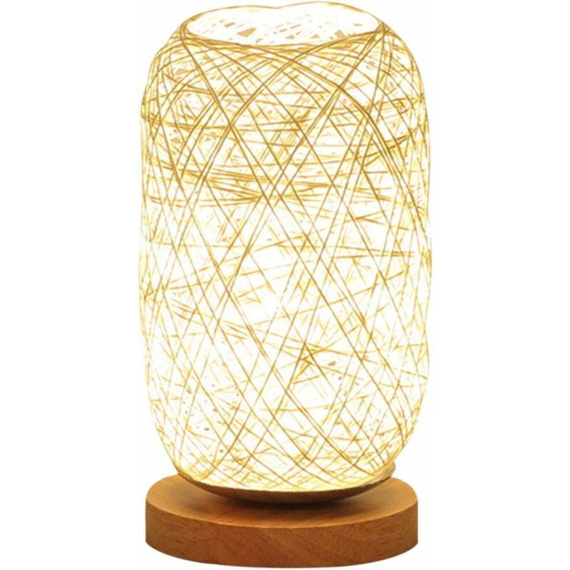 Lampe de Table led de Chevet Alimenté par usb Veilleuse avec Base en Bois et Abat-jour en Rotin Rustique Lampe de Bureau Réglable en Luminosité Lampe