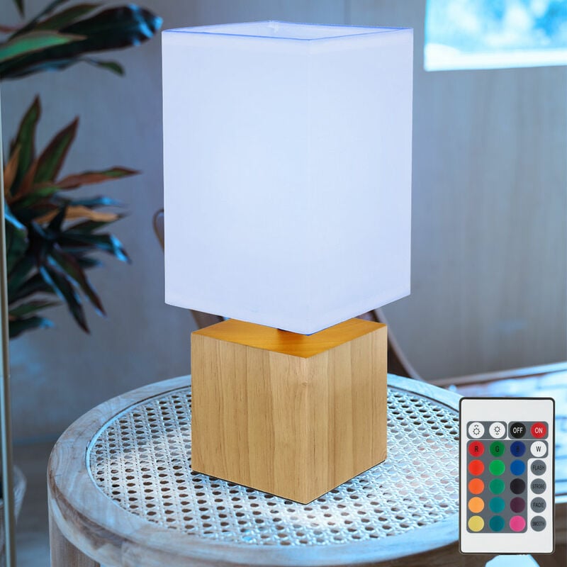 Lampe de table LED dimmable avec télécommande lampe de chevet en bois lampe de table salon lampe de lecture textile blanc, RVB changement de couleur,