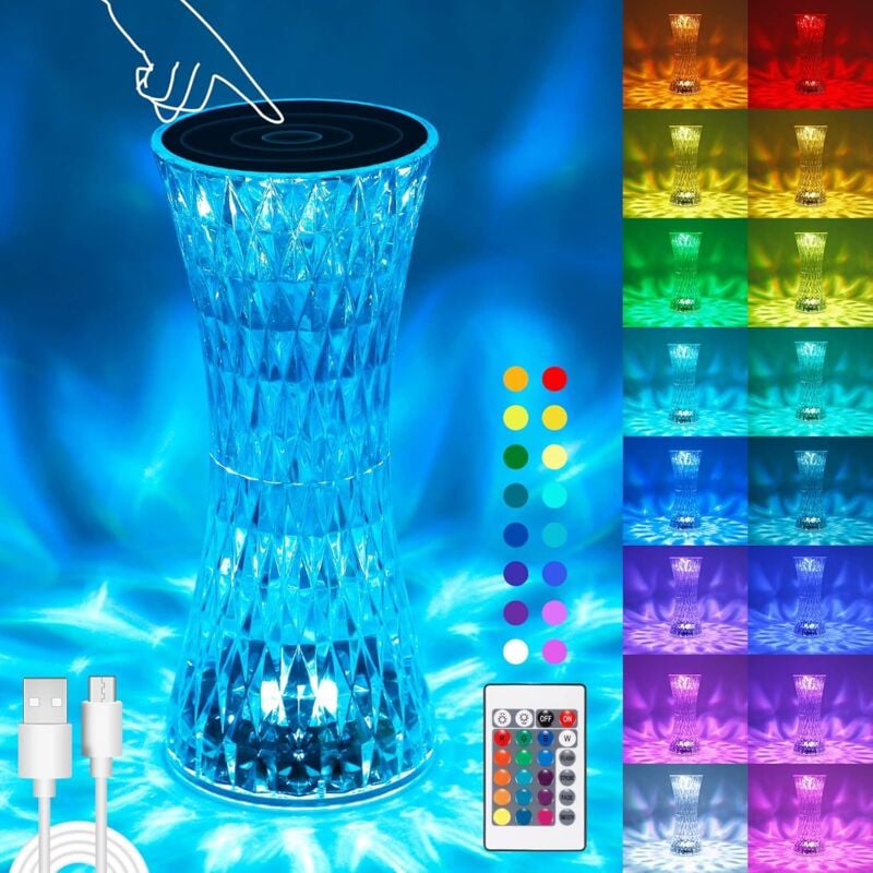Gotrays - Lampe de Table Led en Cristal, Lampe de Chevet Moderne Sans Fil Tactile Dimmable Avec Télécommande 16 Couleurs et 4 Modes,Lampe de Table en
