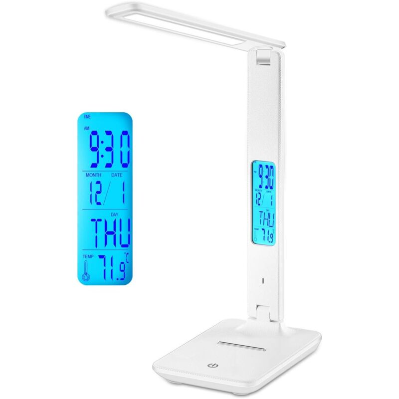Lampe de table LED, lampe de table rechargeable réglable avec commande tactile flexible, écran LCD avec fonctions heure, alarme et température
