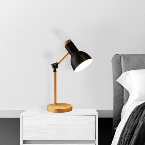 Lampe de Table LED Noire E27 Bois Réglable Design Moderne Bureau Chevet