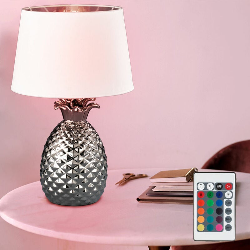 Etc-shop - Lampe de table télécommande céramique ananas design argent lampe textile blanc dimmable dans un ensemble comprenant des ampoules LED RVB