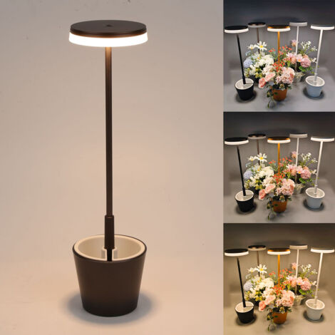 Lampe de table LED sans fil, lampe de bureau à intensité variable à 3 couleurs, lampe décorative de pot de fleurs à commande tactile