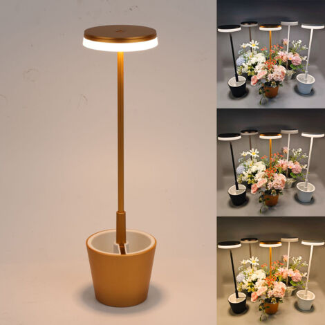 Lampe de table LED sans fil, lampe de bureau à intensité variable à 3 couleurs, lampe décorative de pot de fleurs à commande tactile (doré)