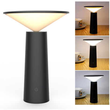 Lampe de table LED sans fil, lampe de bureau rechargeable, lampe de chevet à intensité variable en continu à 3 températures de couleur, angle réglable
