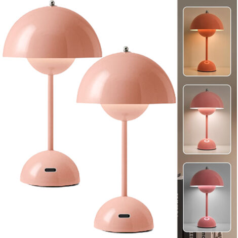 Lampe de table LED sans fil, pot de fleurs, lampe de bureau champignon, lampe de chevet à intensité variable avec 3 couleurs, rose, paquet de 2