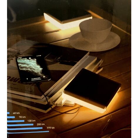 Lampe de table Led solaire NOMADE carré - 5 modes d'éclairages de 40 à 270 lumens - Prise USB - Batterie 1600mAh
