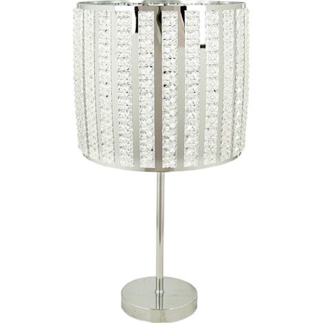 Lampe de table métal argenté abat jour décor cristal élégant - Argent brillant et cristaux transparents