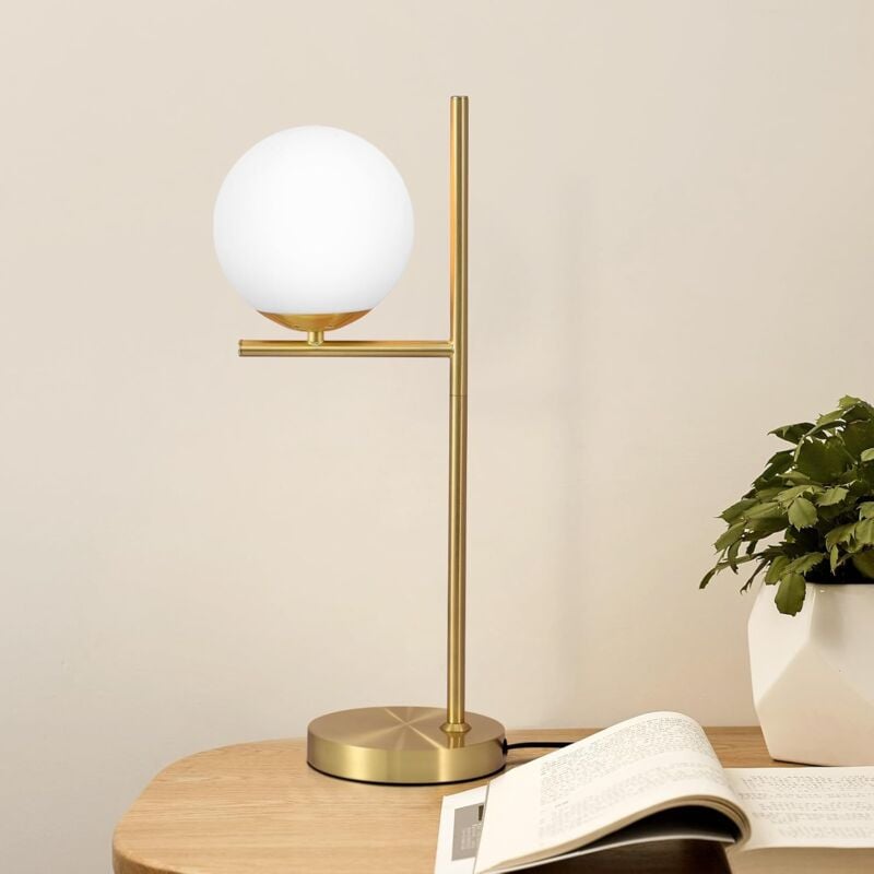 Lampe de Table Moderne pour Salon Gbly Lampe de Chevet Dorée avec Interrupteur, Design Industriel en Métal et Verre Blanc, Lampe de Chevet en Laiton