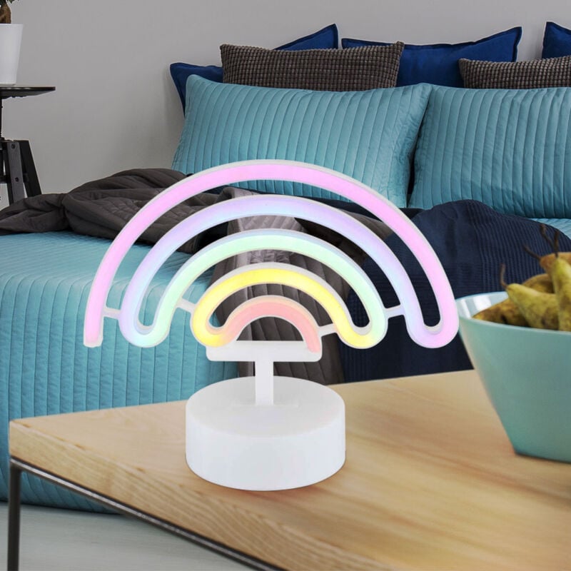 Lampe de table néon arc-en-ciel chambre d'enfant lampe néon déco batterie, plastique blanc, LED 2W, LxBH 22,5x10x19,5 cm