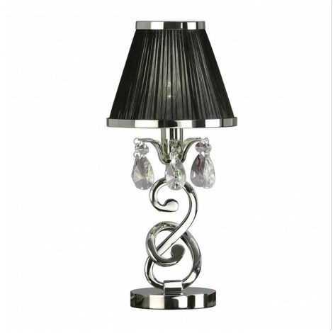 Lampe de table Oksana, nickel poli, pampilles cristal, 2 abat jours blancs Lampe de table Oksana, nickel poli, pampilles cristal, 2 abat jours blancs