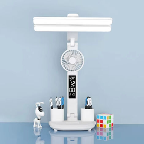 Lampe de table pliable à deux lampes avec horloge, ventilateur, porte-stylo, lampe de lecture 3 couleurs à intensité variable, lampe de bureau