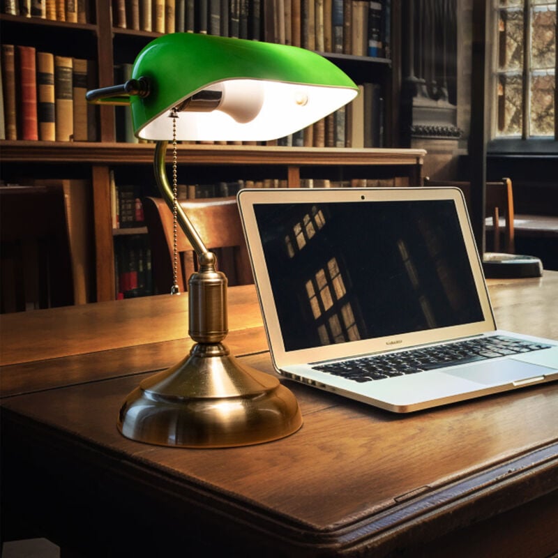 V-tac - Lampe de banquier verre réglable led Lampe de table rétro vert Lampe de bureau interrupteur à tirette, métal, 3,7W 320lm blanc chaud, LxlxH