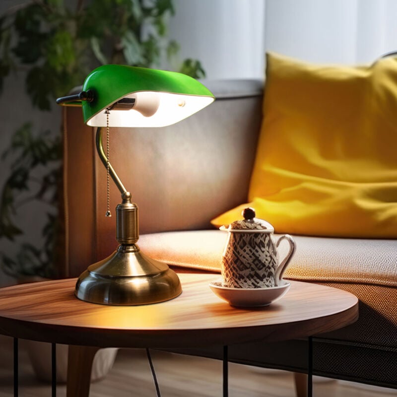 V-tac - Lampe de table réglable en verre, lampe de banquier, lampe de bureau rétro verte, interrupteur à tirette, métal, 1x douille E27, LxlxH