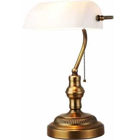 Lampe de table rétro, Blanc Lampe de Bureau en Verre pour Banquier, Avec base en laiton, Chaîne Interrupteur,  pour Bureaux, Salles D'études, Chambres à Coucher, Bibliothèques,