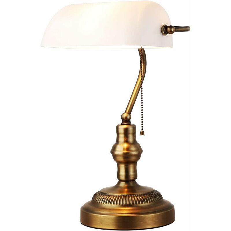 Trimec - Lampe de table rétro, Blanc Lampe de Bureau en Verre pour Banquier, Avec base en laiton, Chaîne Interrupteur, pour Bureaux, Salles D'études,